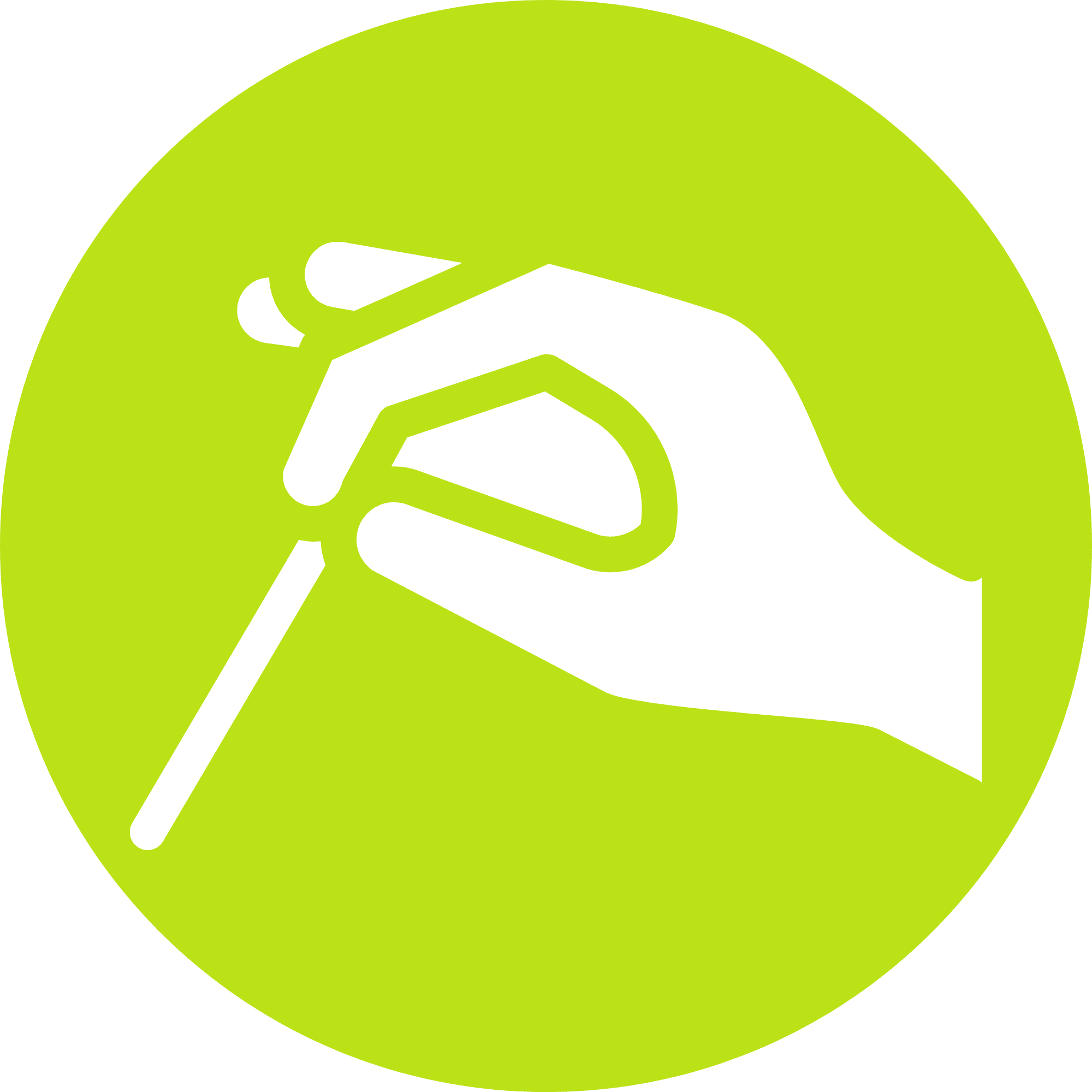white hand holding a needle in a green circle