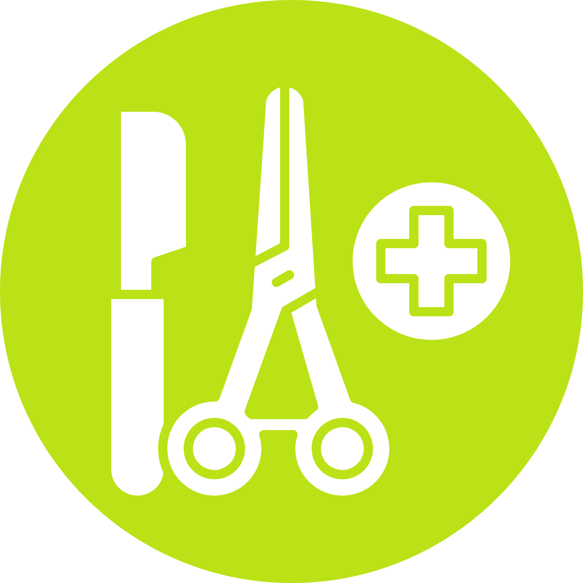 white surgical tools in a green circle